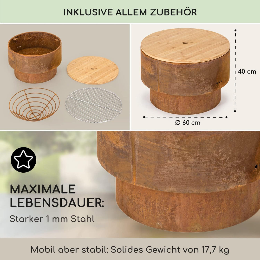 Blumfeldt Feuerschale für den Garten, Feuerschale mit Grillrost & Bambusplatte für Feuerschale, Stah
