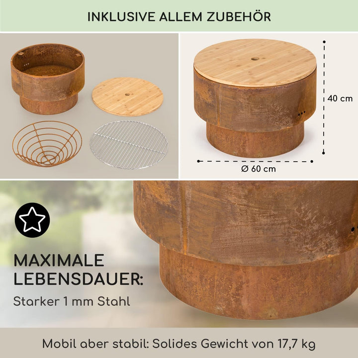 Blumfeldt Feuerschale für den Garten, Feuerschale mit Grillrost & Bambusplatte für Feuerschale, Stah