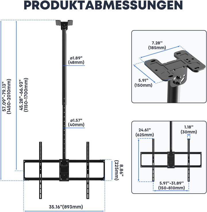 TV Deckenhalterung für 50 bis 100 Zoll, 80 kg Tragkraft, Höhenverstellbar 115-170 cm, Schwenk- und N