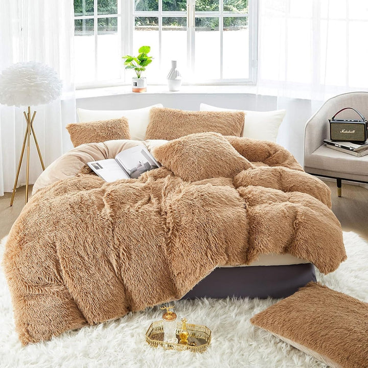 Freyamy Plüsch Bettwäsche 155x220cm Winter Khaki Langhaar Kunstfell Flanell Winterbettwäsche Samt Bi