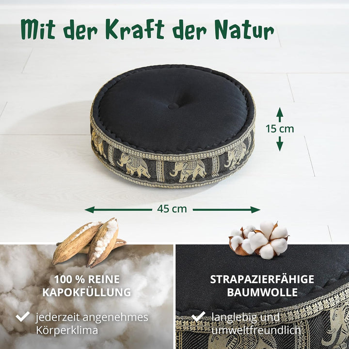 livasia Meditationskissen mit Thaiseide - Ø 45x15cm - Yogakissen mit Kapok, Pouf, Bodenkissen für Yo