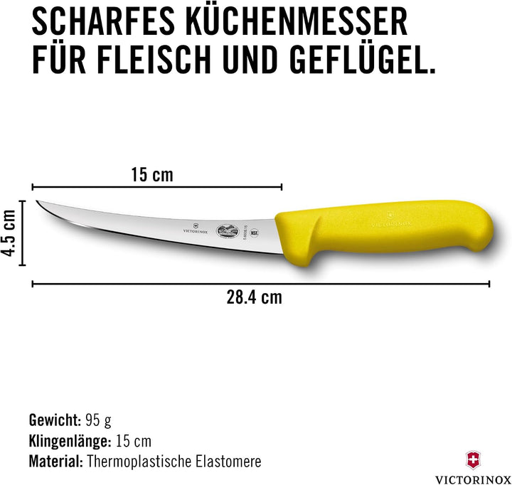 Victorinox Fibrox Ausbeinmesser, Scharfes Küchenmesser für Fleisch und Fisch, 15 cm, Gebogene Klinge