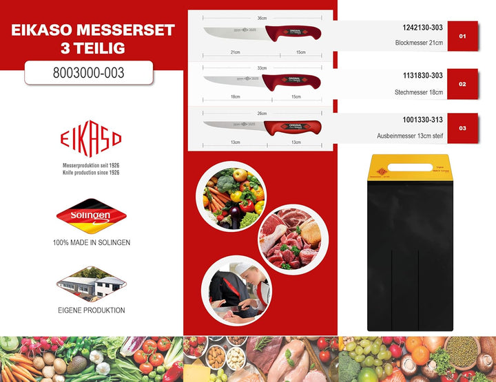 EIKASO SOLINGEN Fleischmesser/Schlachtmesserset 3tlg. für Profis und Privat (Rot), Rot