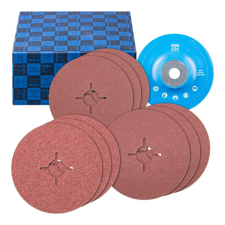PFERD Fiberscheiben-Set, 10-tlg. | Korund Ø125mm A36, 60, 80 mit GT-Stützteller | 64198001 – Univers