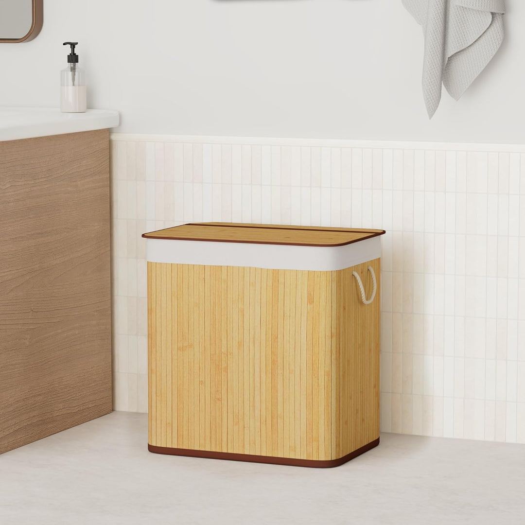 PANA®ECO Bambus Wäschekorb mit Deckel (150 L) • Wäschebox mit herausnehmbaren Wäschesack • Faltbarer
