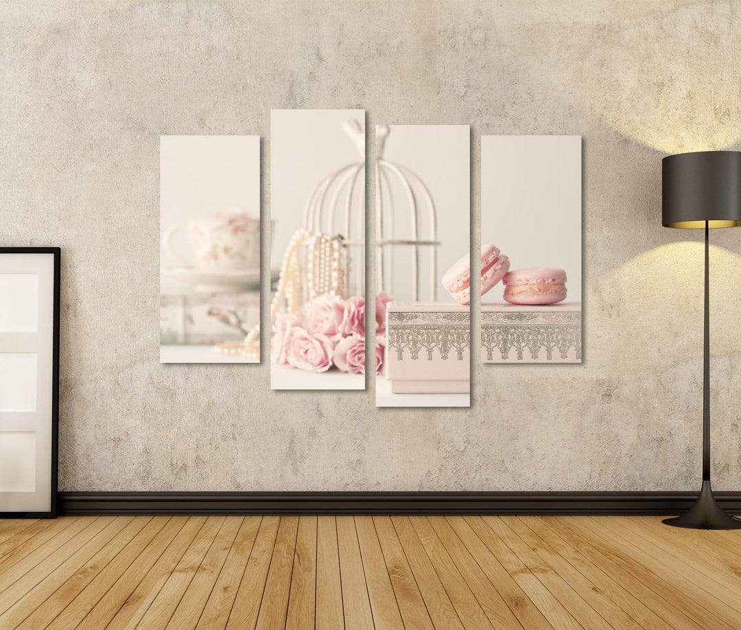 islandburner Bild Bilder auf Leinwand Vintage Rosen und Perlen mit Makronen über Box Wandbild, Poste
