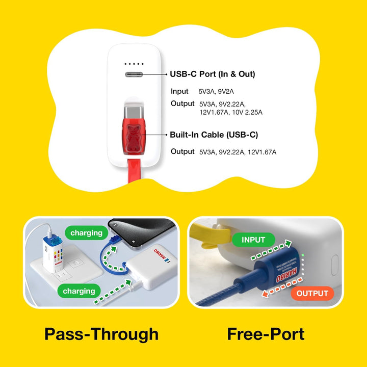 HARIBO Mini Powerbank 10000mAh, 22,5W Schnellladung Integriertes Kabel | Kompakte Grösse: 2,4 * 5,5
