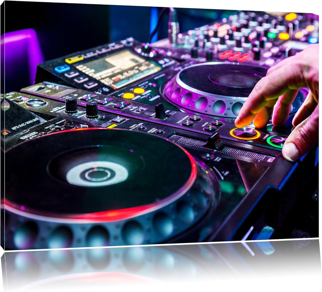 Pixxprint Modern beleuchteter DJ Pult als Leinwandbild/Grösse: 100x70 cm/Wandbild/Kunstdruck/fertig