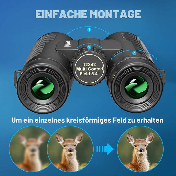 Fernglas Kylietech 12X 42 für Erwachsene, Wasserdicht Hochleistungs Ferngläser mit Tragegurt, Traget