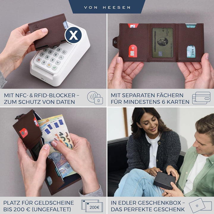 VON HEESEN Slim Wallet mit RFID Schutz - Geldbörse Herren klein - Mini Geldbeutel Damen Portmonee -