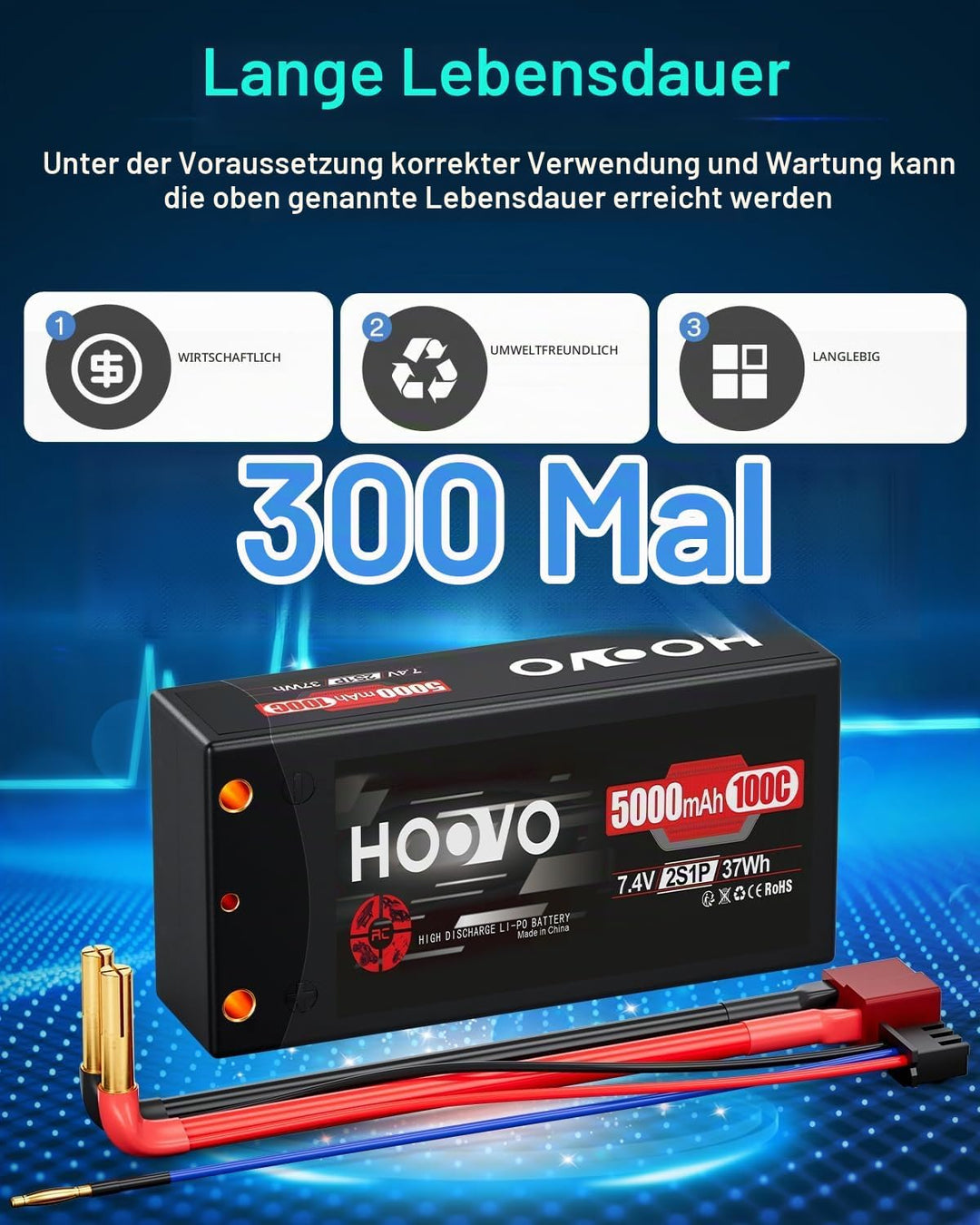 HOOVO RC Batterie 7,4V 5000mAh 100C 2S Lipo Akkus HardCase mit 4.0 mm Banana to Deans Plug für RC Au