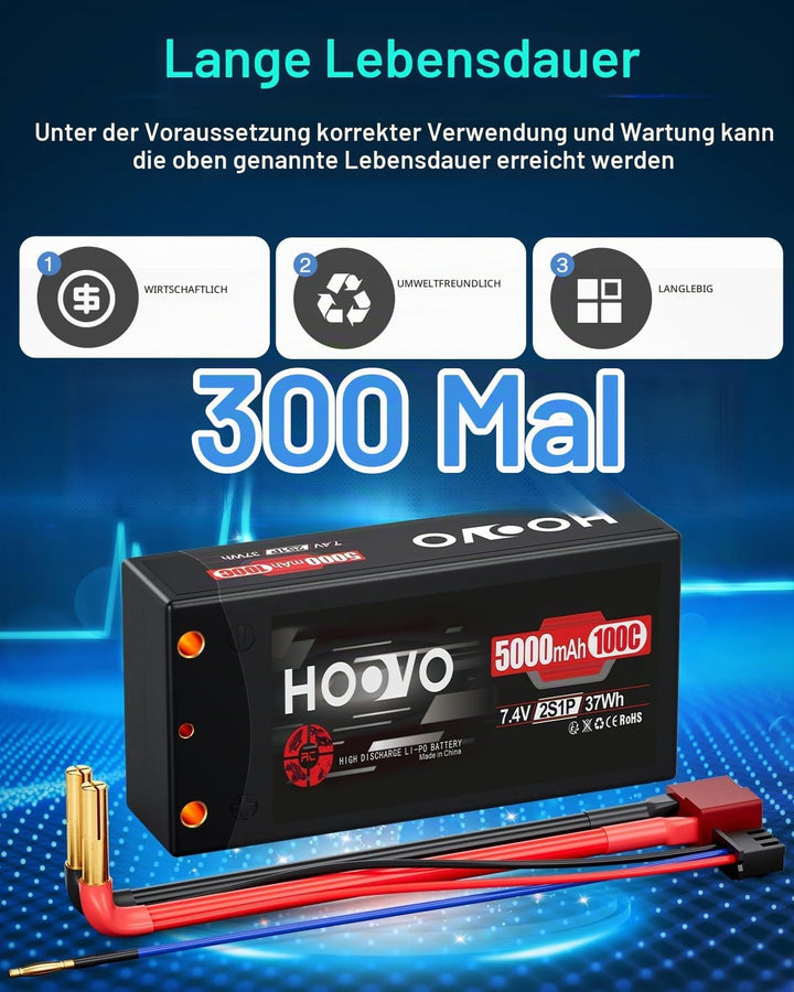 HOOVO RC Batterie 7,4V 5000mAh 100C 2S Lipo Akkus HardCase mit 4.0 mm Banana to Deans Plug für RC Au