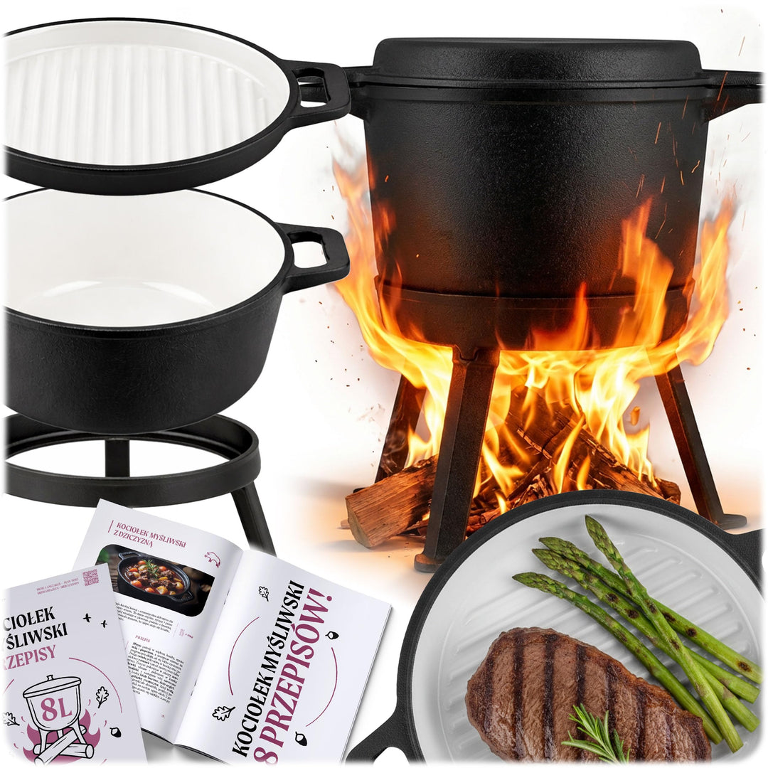 Berdsen Gusseisen Topf 8 L Dutch Oven - Emailierter Feuertopf für Lagerfeuer und Grill - 2-in-1 Deck