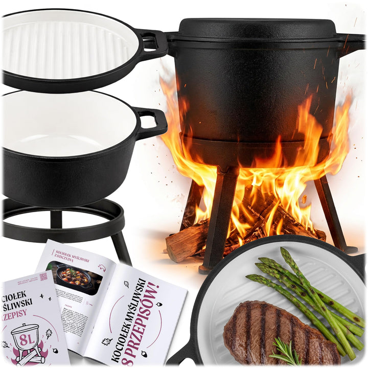 Berdsen Gusseisen Topf 8 L Dutch Oven - Emailierter Feuertopf für Lagerfeuer und Grill - 2-in-1 Deck