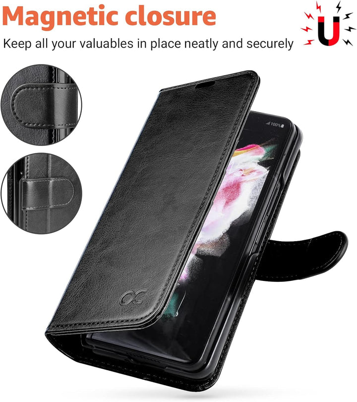 OCASE Hülle Samsung Galaxy Z Fold 3 5G Handyhülle mit S Pen Halter [Premium PU Leder] [Kartenfach] C