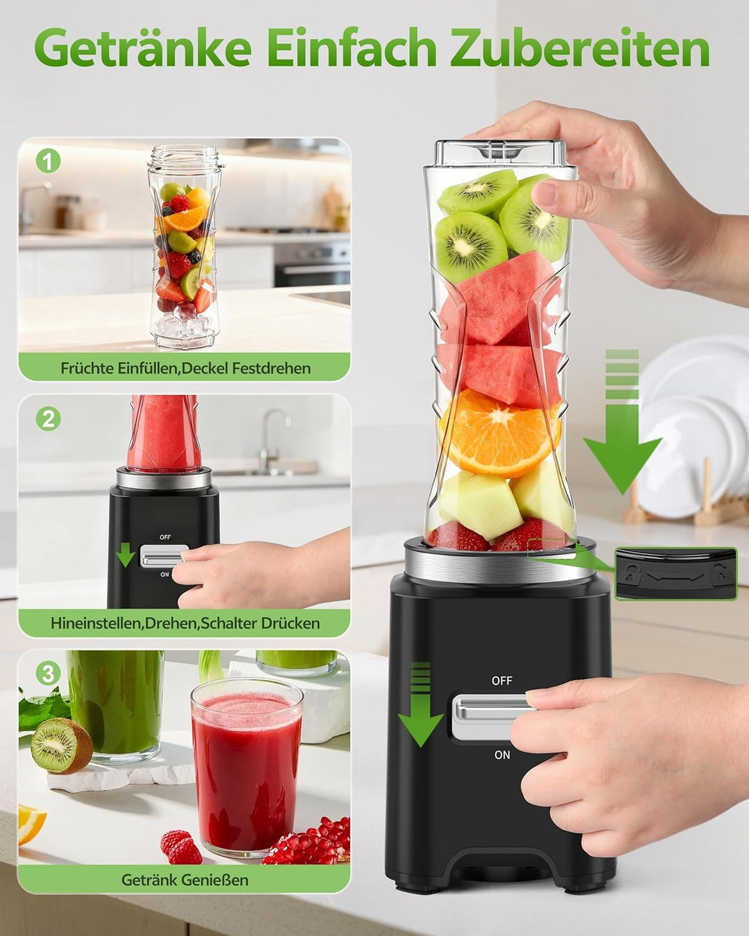 Mixer,Mini Smoothie Maker,500W Tragbarer Standmixer,Hochleistungsmixer mit 2 * 600ml Flaschen BPA Fr