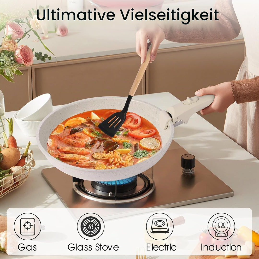 19-Piece Cream White Ceramic Cookware Set with Removable Handles – Non-Stick Frying Pan &amp; Induction