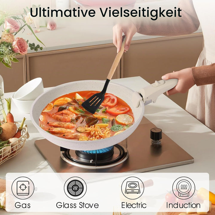19-Piece Cream White Ceramic Cookware Set with Removable Handles – Non-Stick Frying Pan &amp; Induction