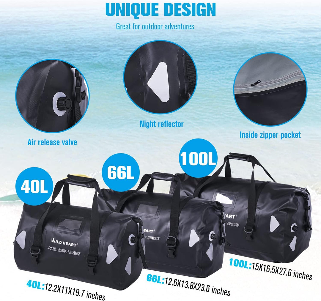 WILD HEART wasserdichte Reisetasche PVC500D Doppelboden mit Seil und Innentasche 40L 66L 100L Für Ka