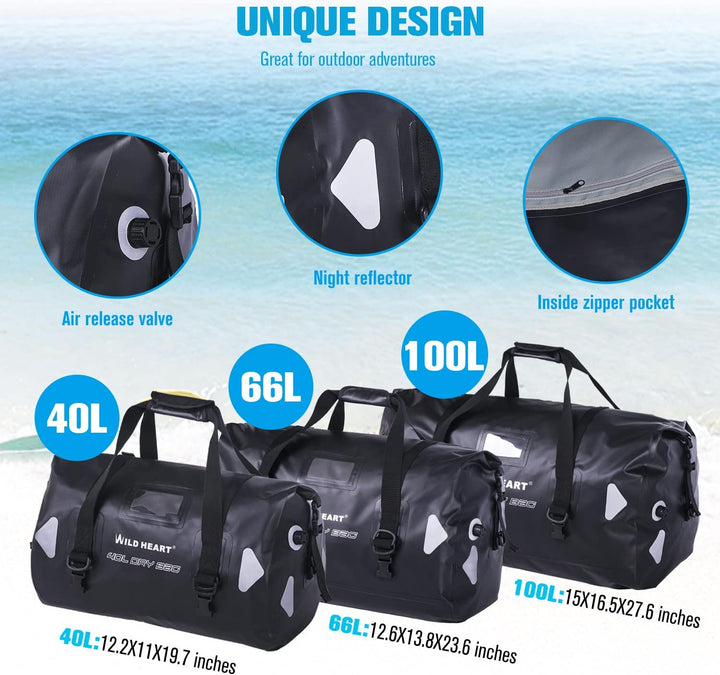 WILD HEART wasserdichte Reisetasche PVC500D Doppelboden mit Seil und Innentasche 40L 66L 100L Für Ka