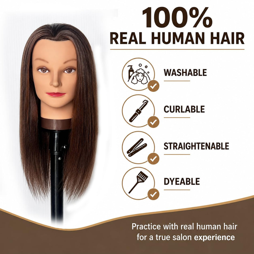 Mannequinkopf mit 100% menschlichem Haar, Echthaar Kosmetologie Mannequinkopf Haar Styling Friseurpr
