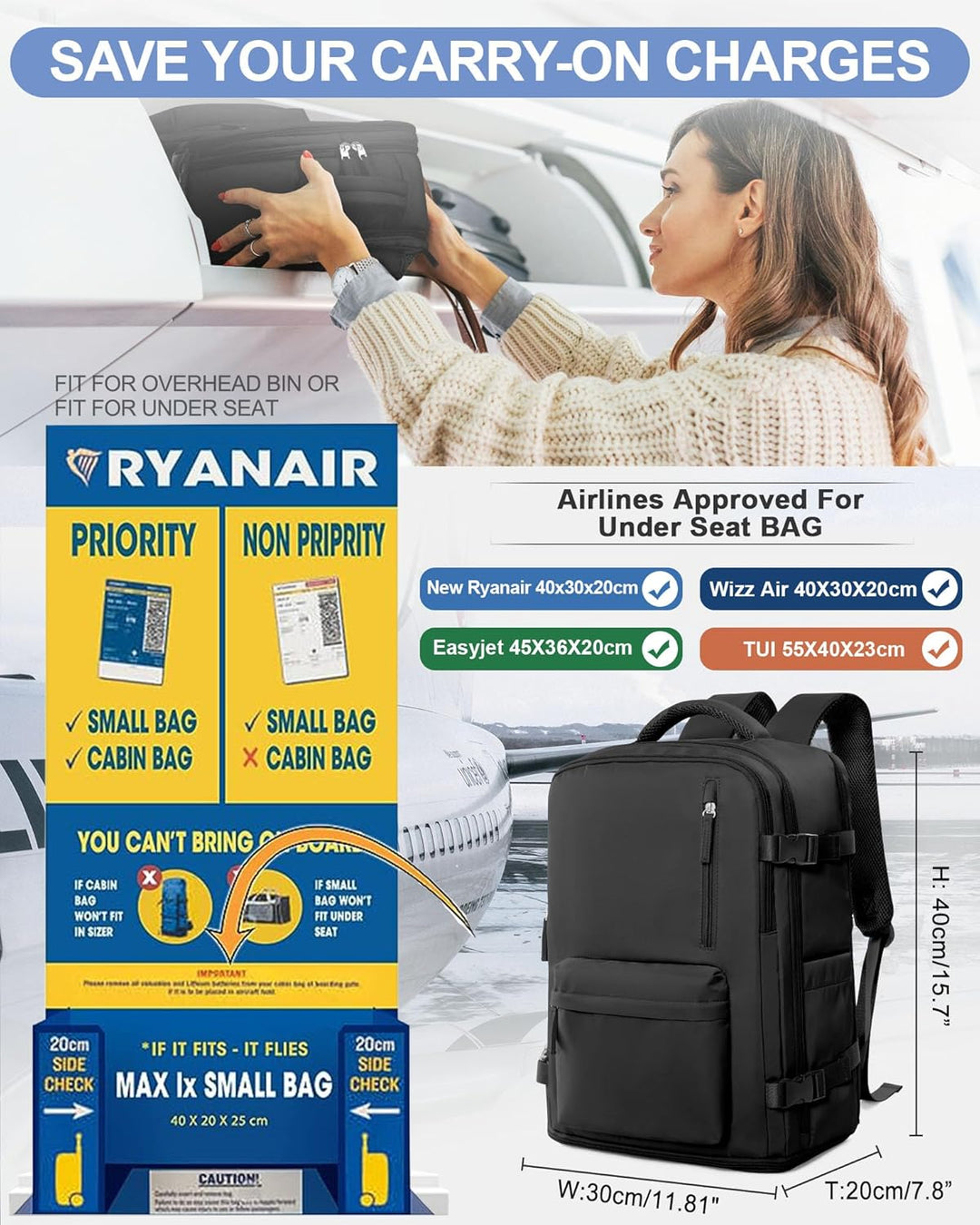 Vakuum Rucksack Handgepäck Rucksack 40x30x20 für Ryanair Reiserucksack Wasserdichter Unter Dem Sitz