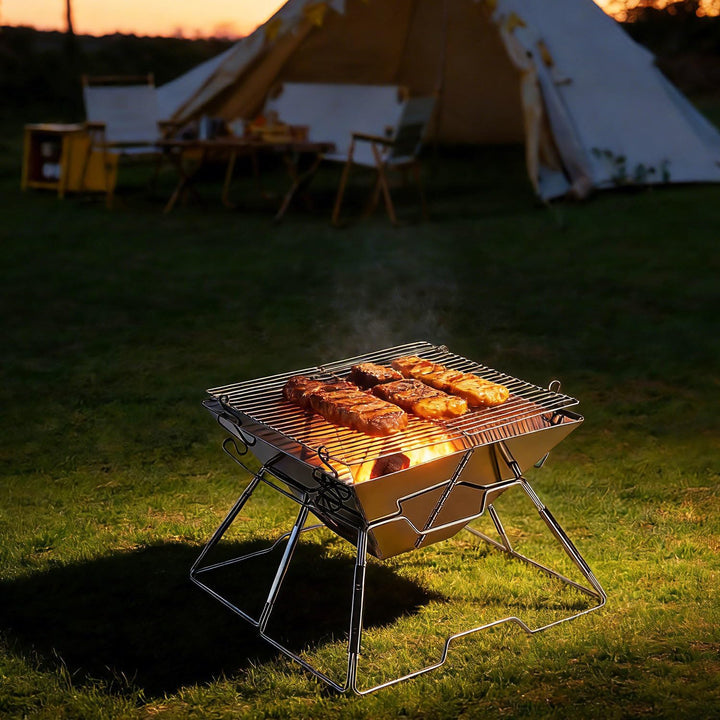 Faltbarer Grill aus 304 Edelstahl, Klappgrill mit Höhenverstellbarem Grillrost, Camping Grill kompak