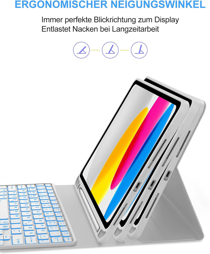 Hülle mit Tastatur für iPad 11. Gen A16 (2025) & 10. Gen (2022), Deutsch QWERTZ, 7-Farben Beleuchtun
