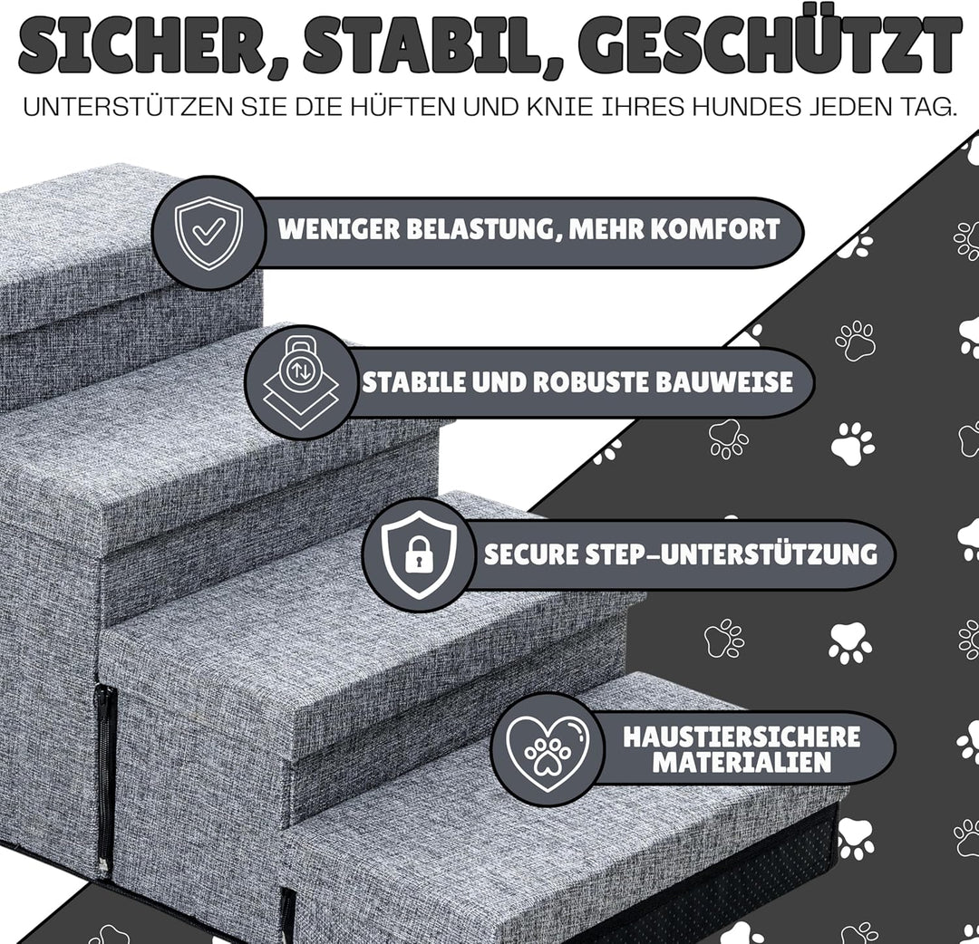 Hundetreppe mit 4 Aufbewahrungsboxen | mit Rampenfunktion | Faltbare Haustier rutschfeste Sicherheit