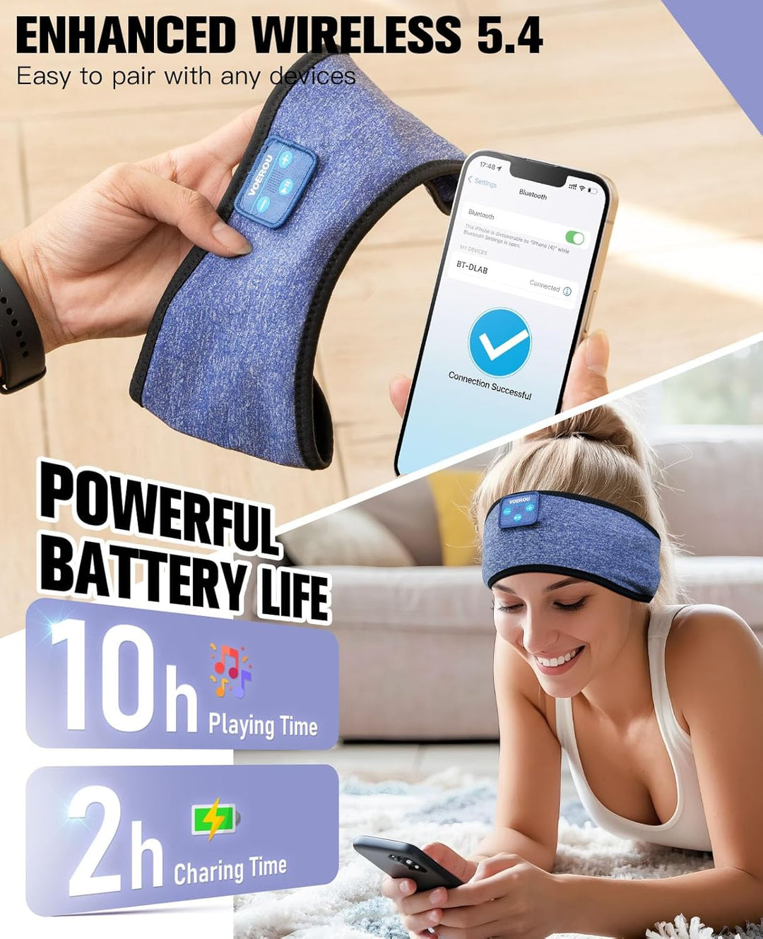 Voerou Bluetooth Schlafkopfhörer, Blue