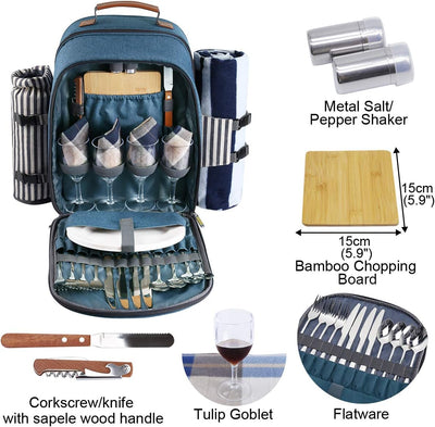 Sunflora Picknick Rucksack Set 4 Personen mit Isoliertem Kühlung und Decke, Picknickkorb 4 Personen