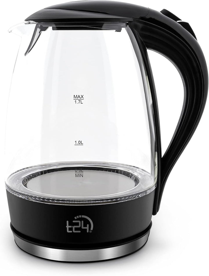 T24 Glas Wasserkocher 1,7L, 2200W, LED-Beleuchtung, 100% BPA-frei, Verdicktes Borosilikatglas, Trock