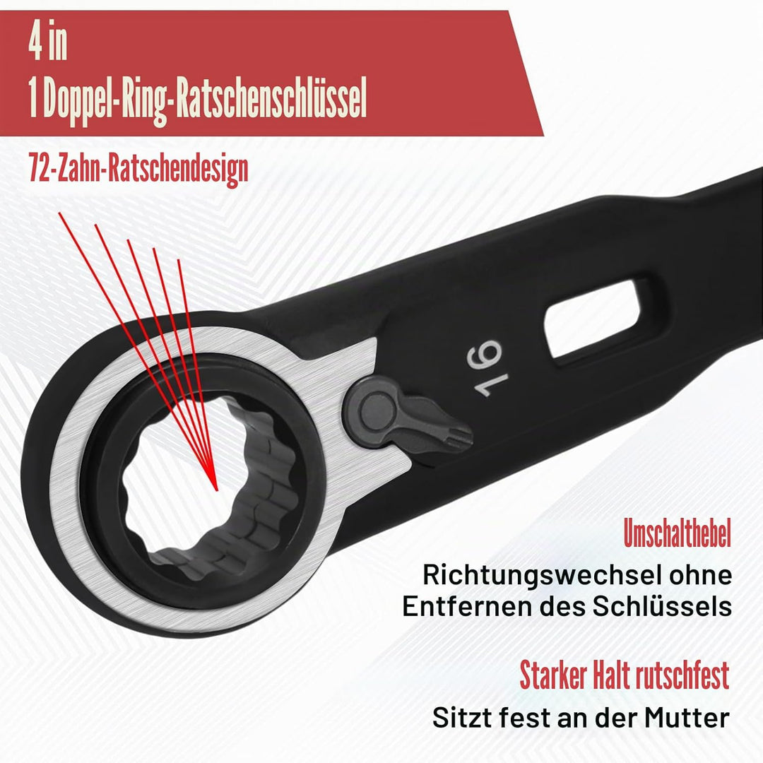 4-in-1 umkehrbarer Ratschenschlüssel-Set metrisch 16mm 17mm 18mm 19mm Doppel-Ringschlüssel-Set Ratsc