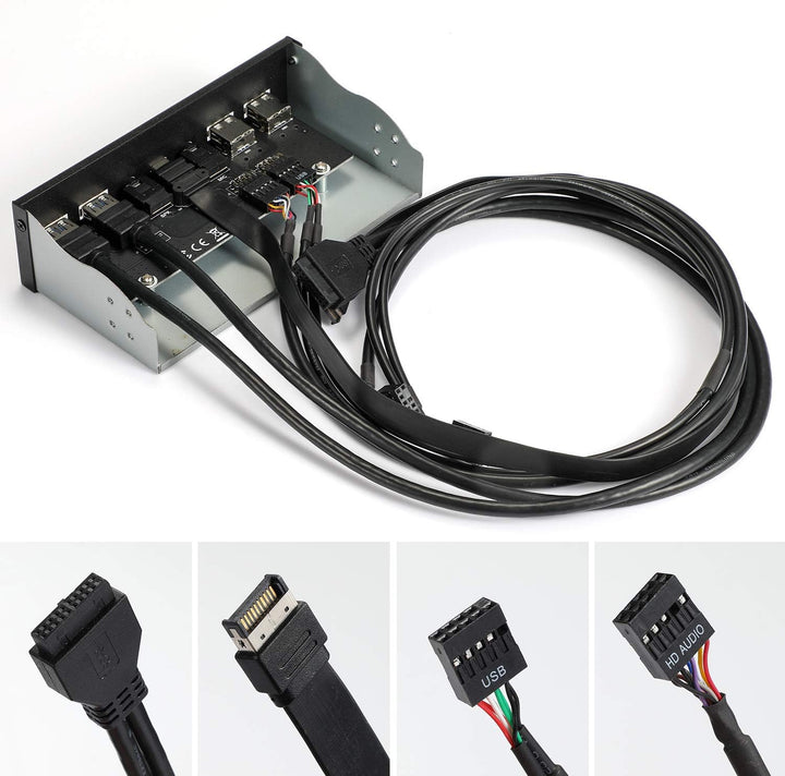 MZHOU USB2.0+3.0 Metall Frontpanel,5,25-Zoll 19Pin Front Panel Adapte,4 USB 3.0 Ports Hub & (1HD Aud