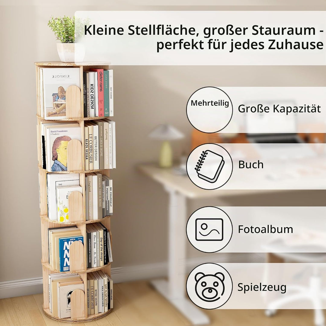 Bücherregal Kinder, 360° Drehbares Bücherregal mit 5 Ebenen, Drehregal Spielzeugregal, Multifunktion