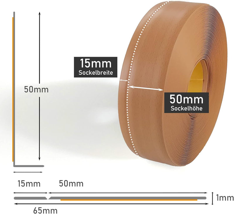 Sockelleiste LEMODO - 50 x 15 mm (Länge: 5 m, Farbe: Buche) - Fussleisten zuschneidbar – Weichsockel