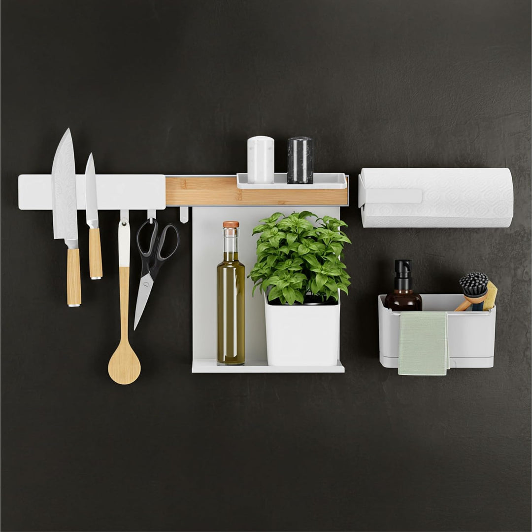 tesa Küchen-Organizer Kombi-Set XL - selbstklebende Küchenleiste, Kräutertopf, 2 Ablagen, Spül-Organ