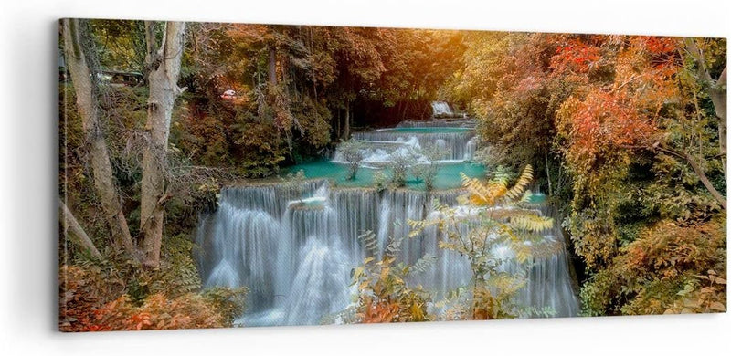 Panorama Bilder auf Leinwand 100x40cm Leinwandbild Park Wasserfall Wasser Gross Wanddeko Bild Schlaf