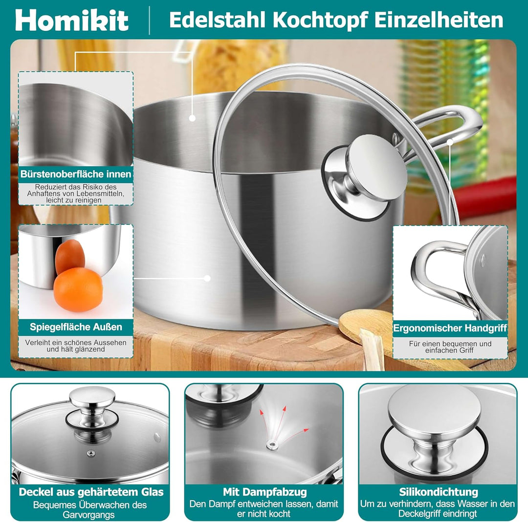 Homikit 20cm Kochtopf, 3-Lagen Edelstahl Suppentopf Induktion mit Glasdeckel, 3,3L Nudeltopf Fleisch