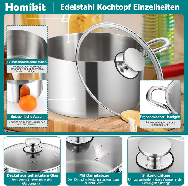 Homikit 20cm Kochtopf, 3-Lagen Edelstahl Suppentopf Induktion mit Glasdeckel, 3,3L Nudeltopf Fleisch