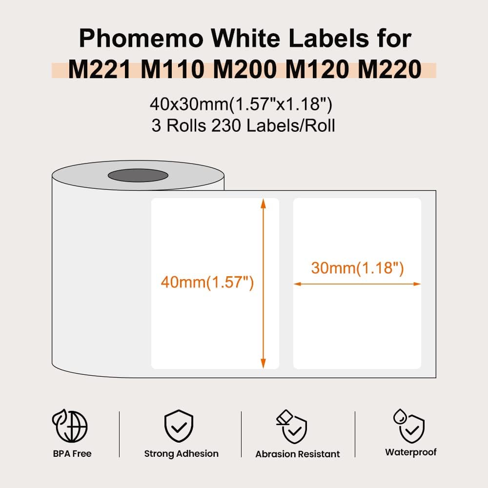 Phomemo M110/M220/M221/M200/M120/M100/M108/M150/M250/M260 Selbstklebende Etiketten 1.57" x 1.18" (40