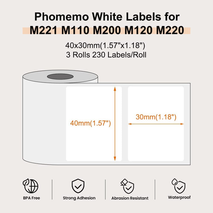 Phomemo M110/M220/M221/M200/M120/M100/M108/M150/M250/M260 Selbstklebende Etiketten 1.57" x 1.18" (40
