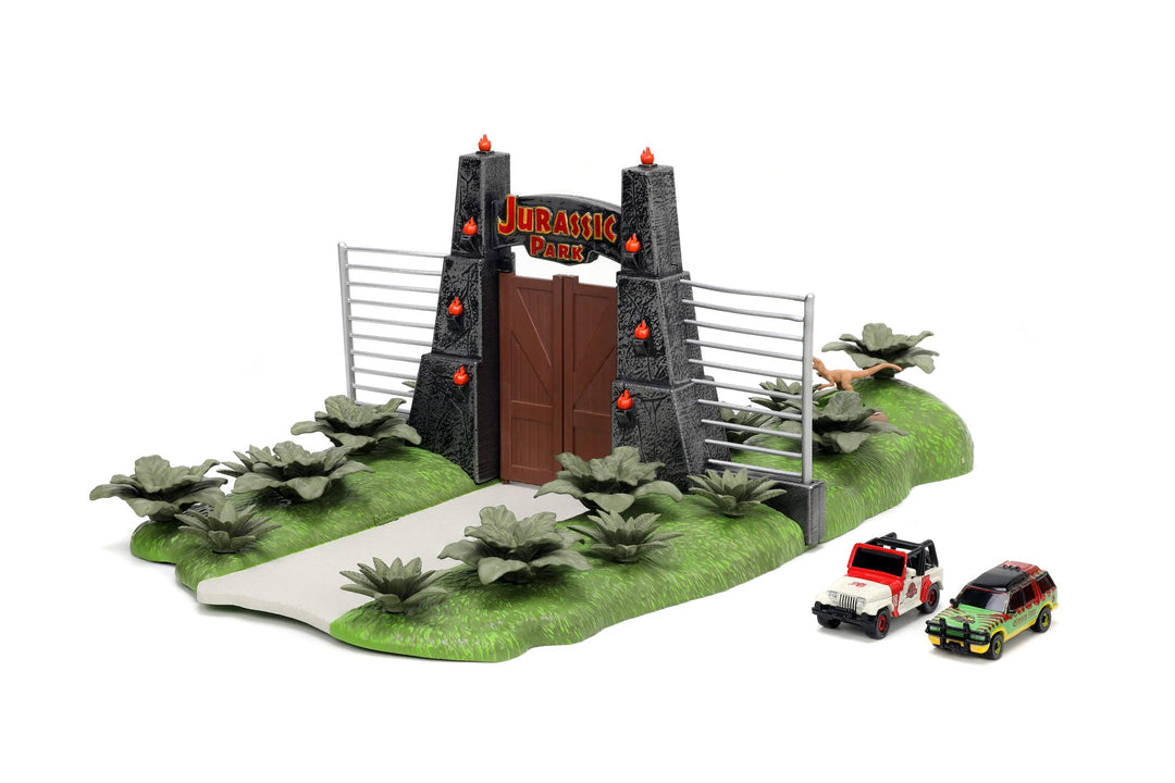 Jada Toys Jurassic World Nano Scene (17x18 cm) - Spiel-Kulisse mit Jurassic Park Tor, 2 Metall-Autos