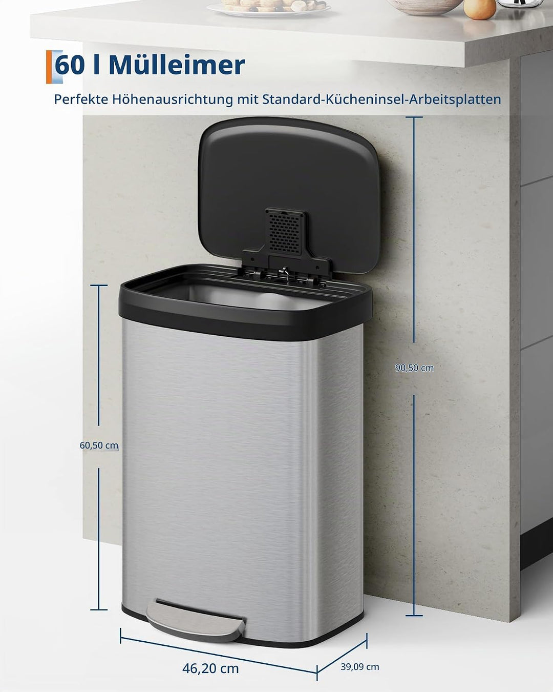 GarveeHome 60L Edelstahl Mülleimer mit Deckel, grosser Tretmülleimer, Mülleimer Küche, rostfrei, mit