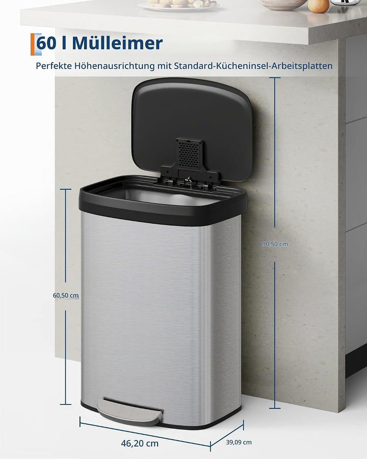GarveeHome 60L Edelstahl Mülleimer mit Deckel, grosser Tretmülleimer, Mülleimer Küche, rostfrei, mit