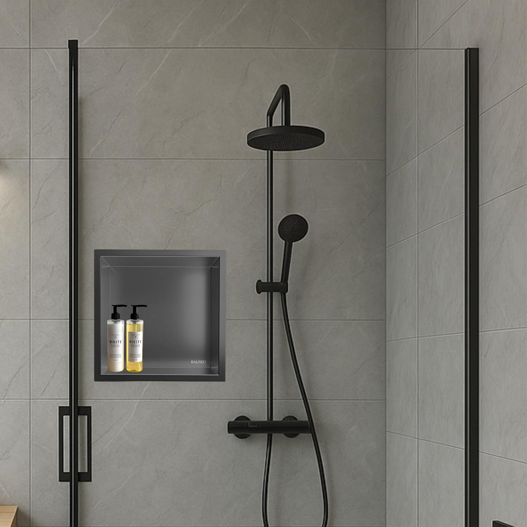 Wandnische Dusche - Wall-Box One Gun Metal - Moderne Duschablage aus Edelstahl - Teflonbeschichtet,