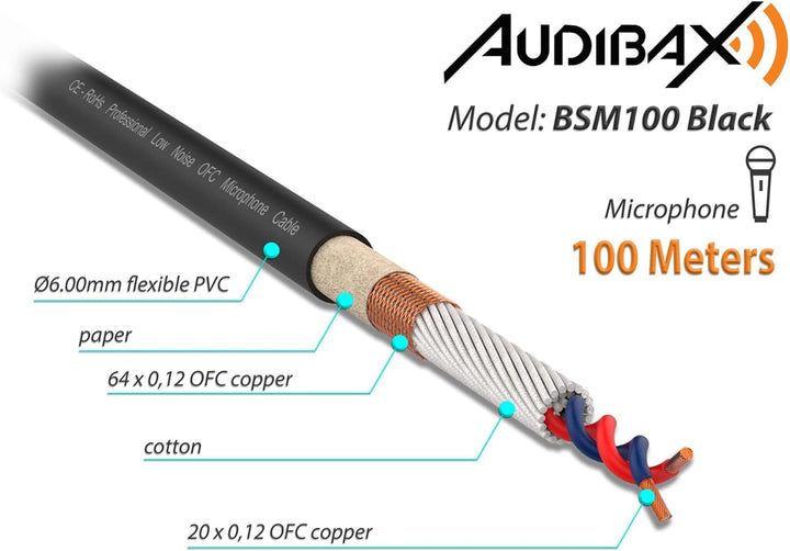 Audibax Silver BSM100 Black Bobina Cable Micrófono Balanceado 100 Metros
