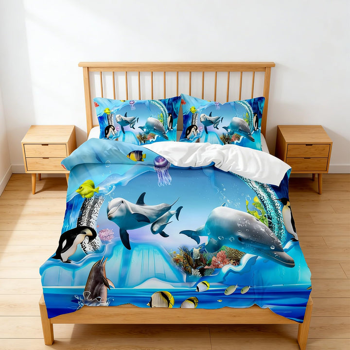 EHAOKK 3D Meer Tier Bettwäsche Set,Delfin,Tropischer Fisch,Korallen,Meeresleben Bettbezug,Blaue Unte