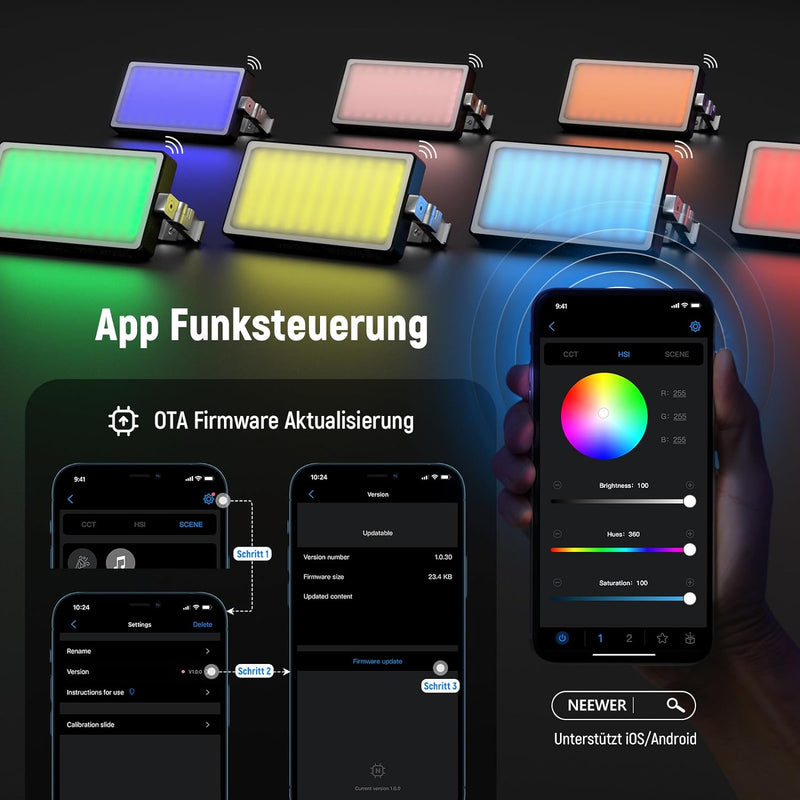 NEEWER SL90 RGB Videoleuchte, Led Videolicht mit App & 2,4G Steuerung/12W 4300mAh Akku/360°Vollfarbe