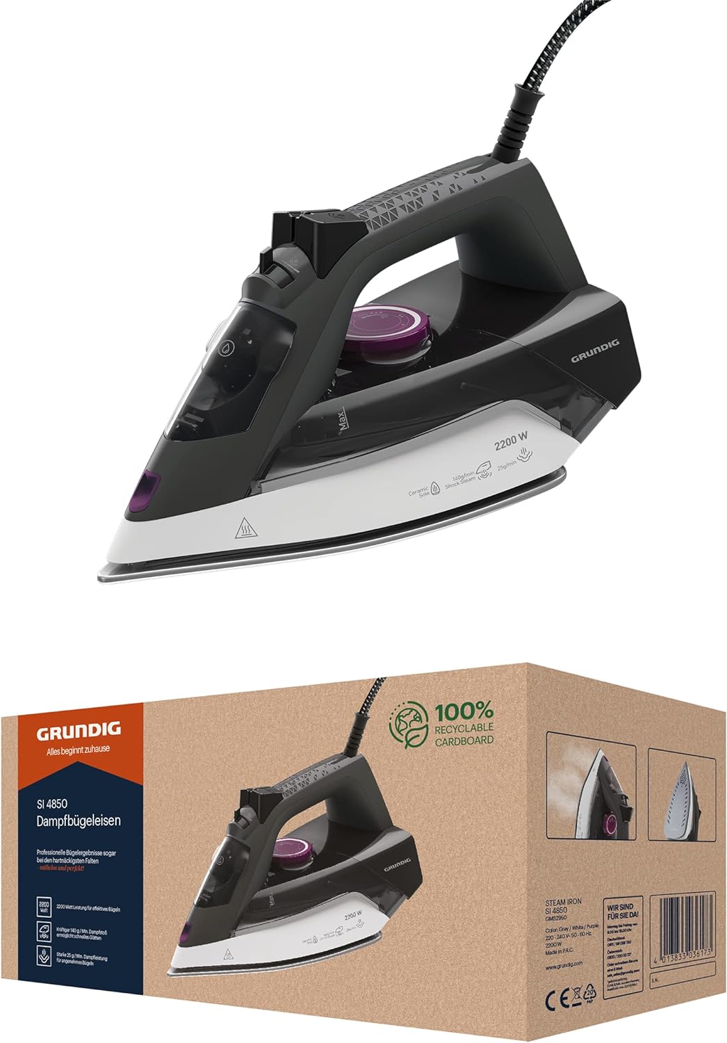 Grundig SI 4850 Dampfbügeleisen, Grau/Weiss/Violett, único